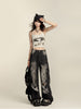 Womens Vintage Washed Ripped Wide-Leg Jeans