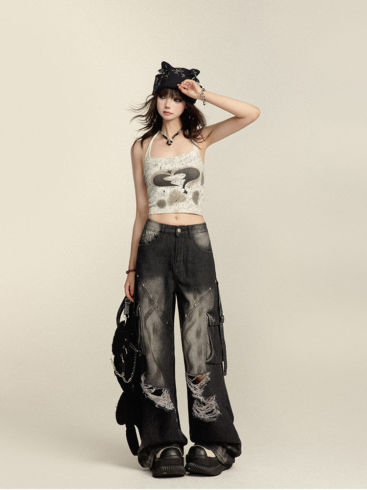 Womens Vintage Washed Ripped Wide-Leg Jeans