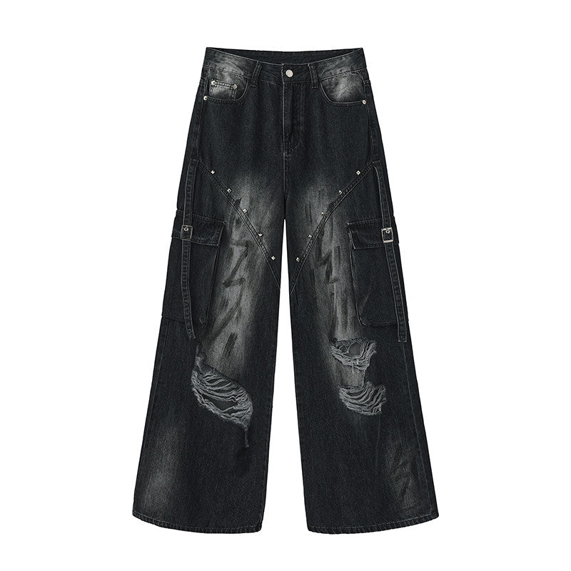 Womens Vintage Washed Ripped Wide-Leg Jeans
