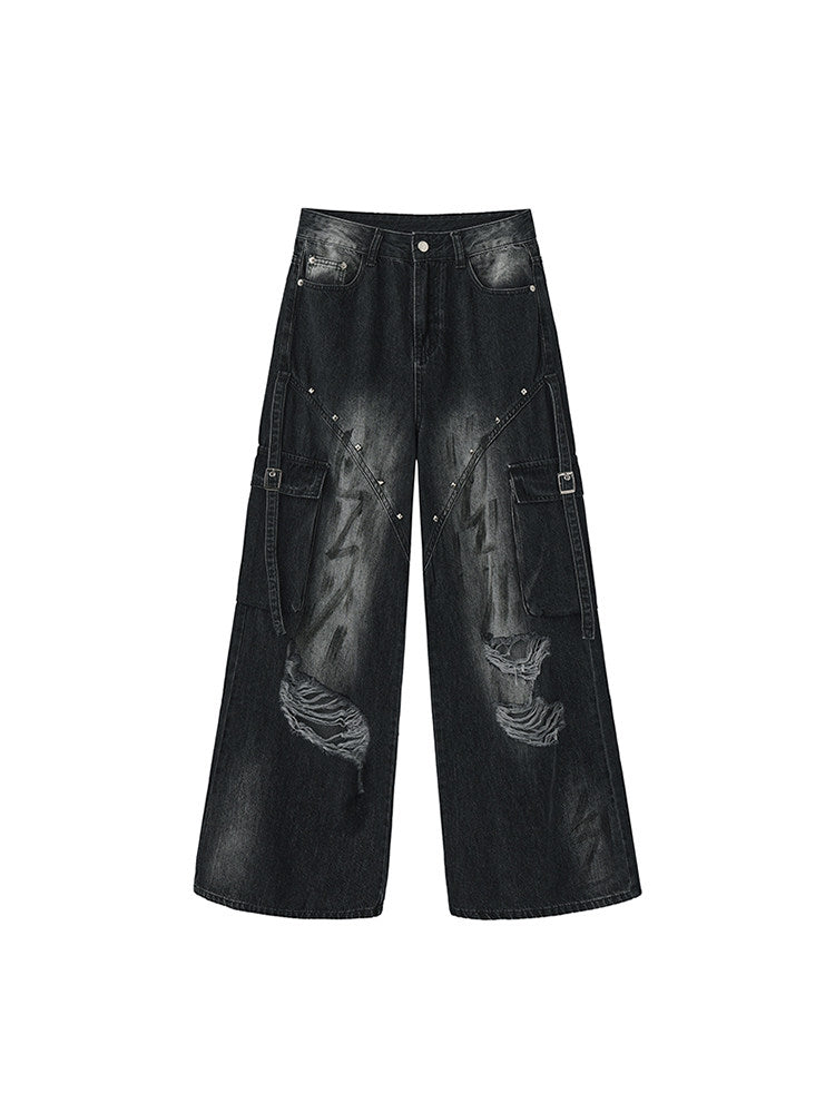 Womens Vintage Washed Ripped Wide-Leg Jeans